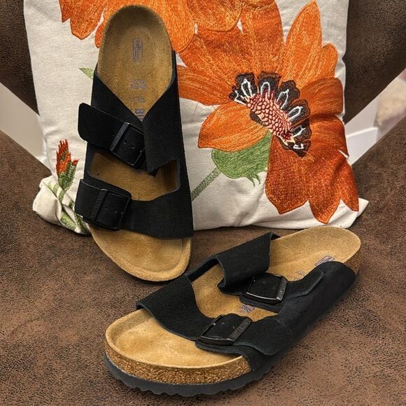 BIRKENSTOCK ARIZONA SOFT FOOTBED BLACK SUEDE CORK DOUBLE BUCKLE 39 REGULAR M6 L8 - Picture 5 of 15